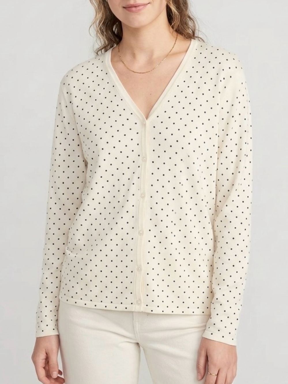 Pendleton Silk Cardigan L Petite Polka Dot V-Neck Ivory Quiet Luxury FLAW